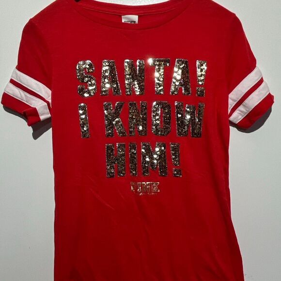 PINK Victoria's Secret Women's Multicolor Santa I Know Him Sequin T-Shirt XS - Picture 1 of 8
